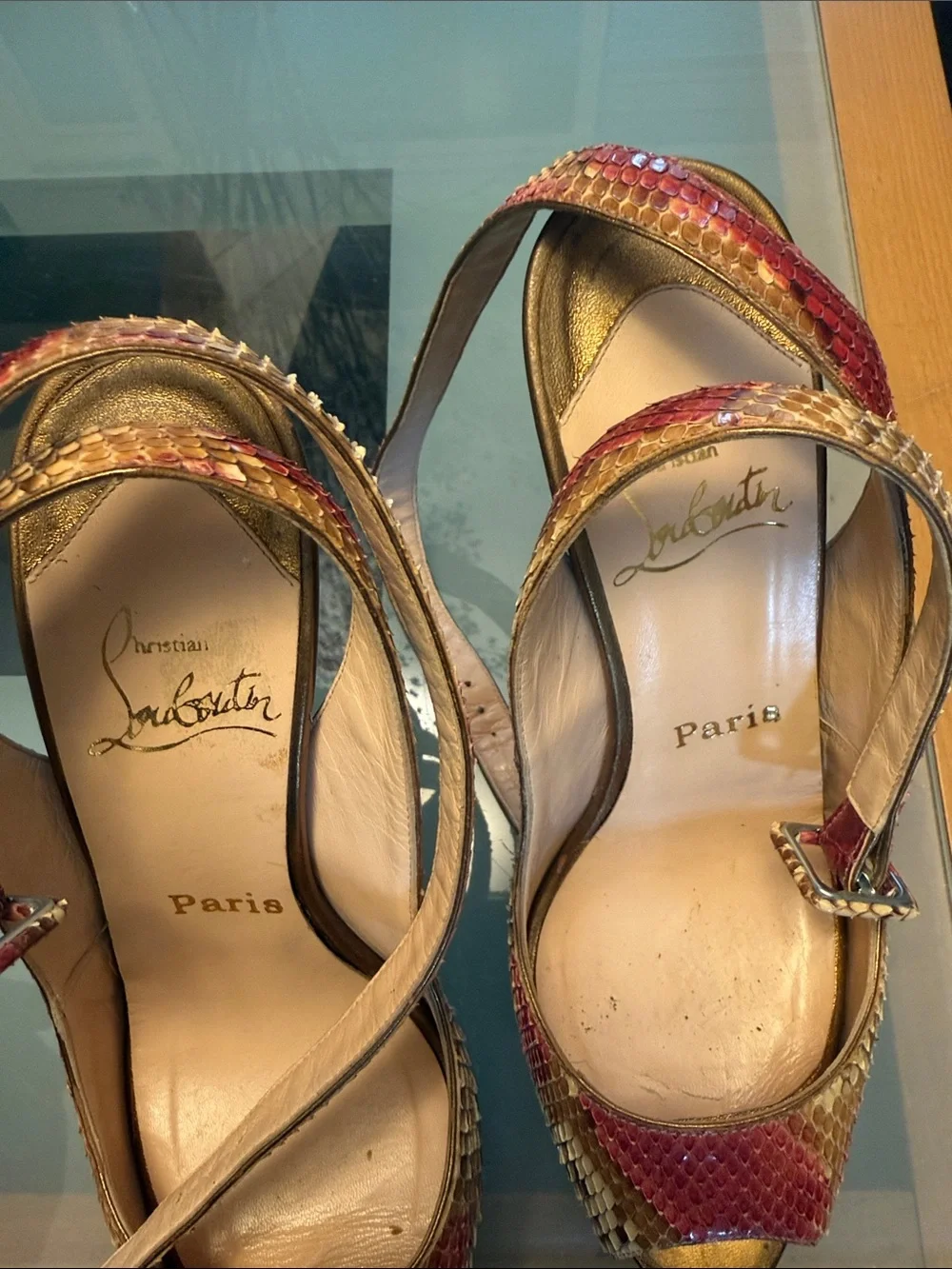 Christian Louboutin Red and Gold Snake-Embossed Peep-Toe Slingbacks